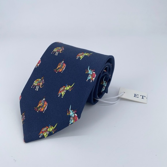 Eton Tie Mens‎ One Size Navy Elephant Print Silk Classic Necktie Italy Made